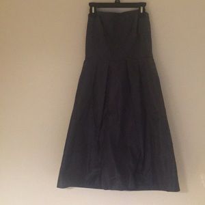 Jcrew navy blue silk strapless, knee-length dress.